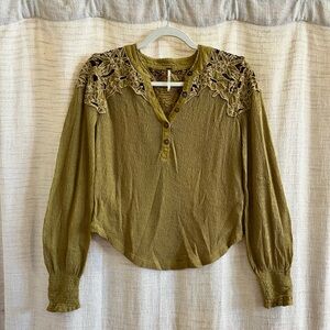 Free People Olive Embroidered Blouse